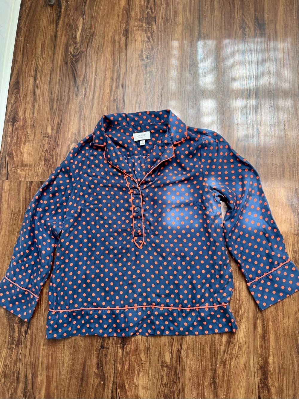 J. Crew Collection Navy Button Blouse with Orange Polka Dots, Size S